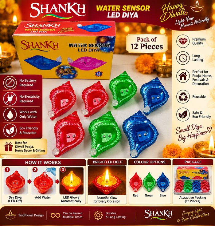 Rudra Ventures Shankh Water Sensor LED Diya Box of 12