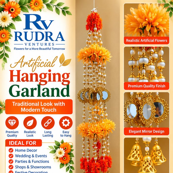 Rudra Ventures Festive Orange Garland with Mirror & Bells