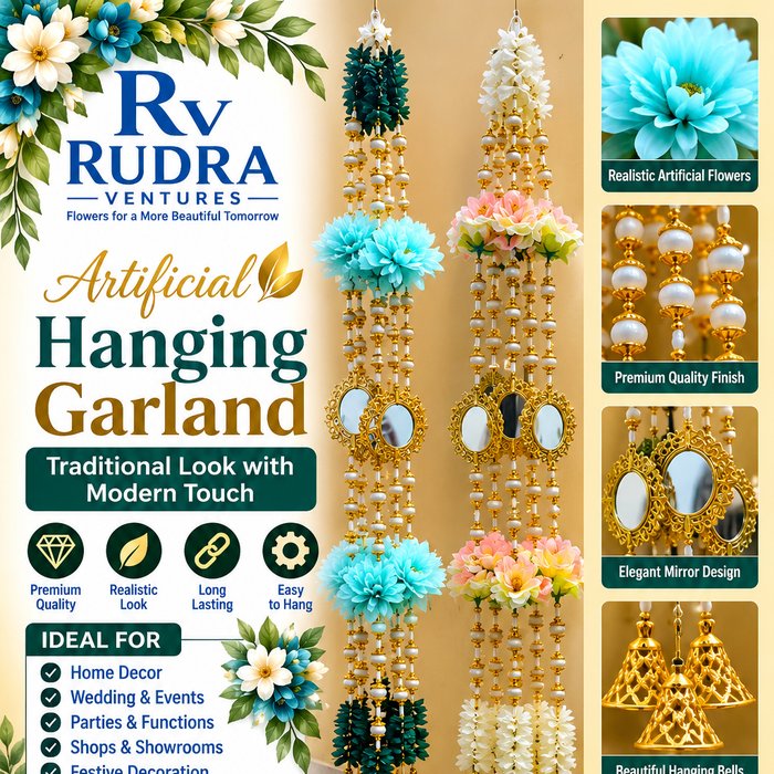 Rudra Ventures Teal & Cyan Blue Floral Hanging with Mirror Accents