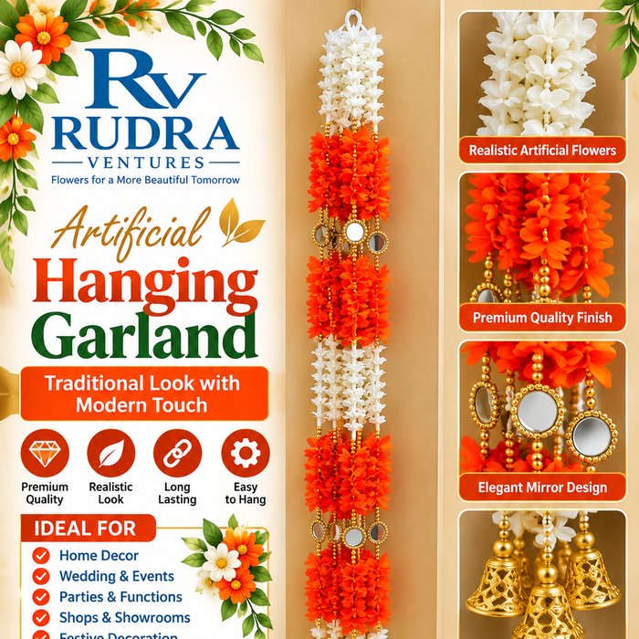 Rudra Ventures Traditional Orange Floral Hanging with Mirrors & Bells