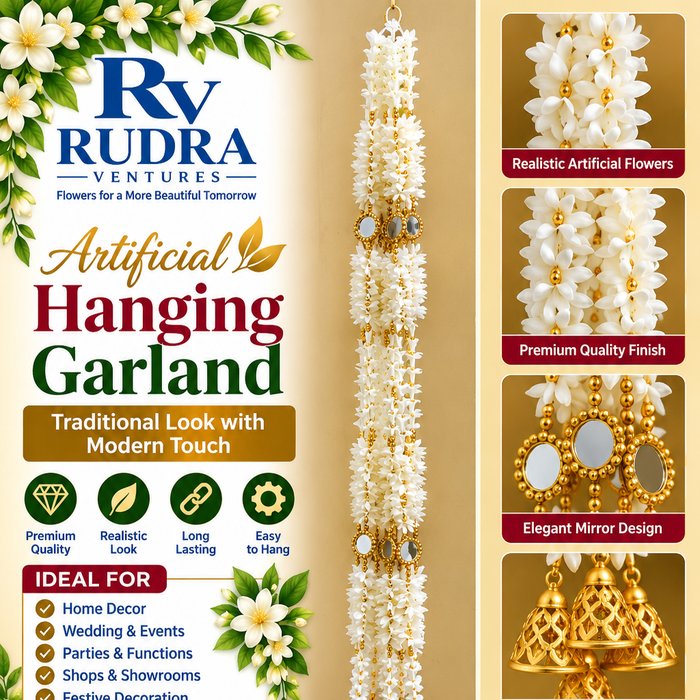 Rudra Ventures White Jasmine Mogra Hanging with Golden Bells & Mirrors