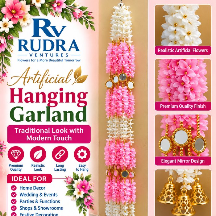 Rudra Ventures Soft Pink & White Floral Latkan with Golden Bell Clusters