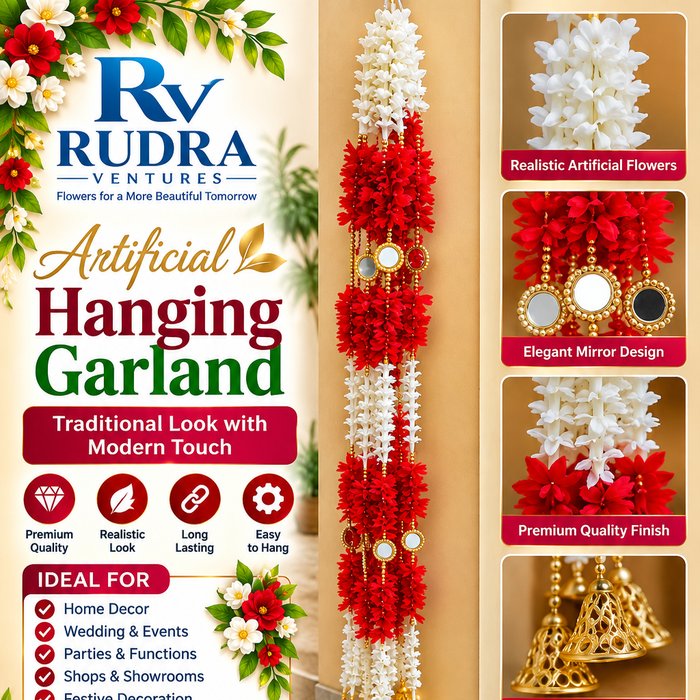 Rudra Ventures Bright Crimson Rose & Golden Bell Festive Hanging