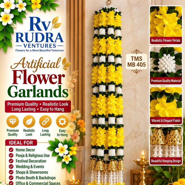 Rudra Ventures White & Yellow Mogra Mala with Colorful Pom-Poms (TMS MB 405)