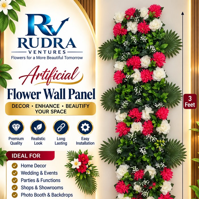 Rudra Ventures Red Rose & Ivy Leaf Wall Panel (1 Ft x 3 Ft)