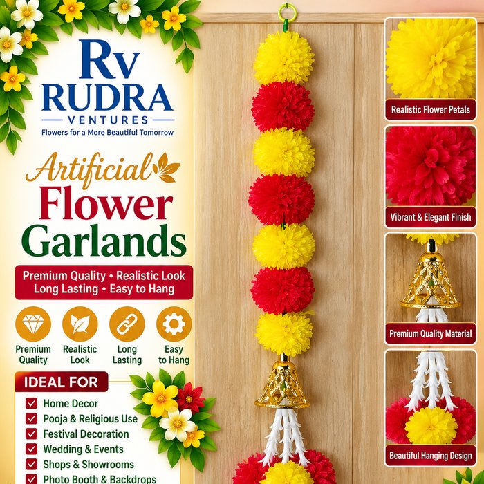 Rudra Ventures Bright Yellow Genda Mala with Golden Hanging Bells
