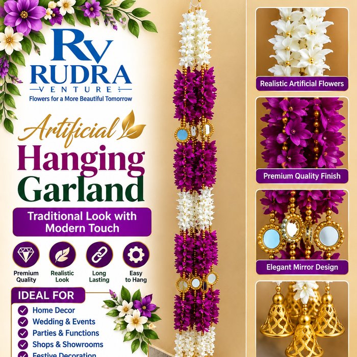 Rudra Ventures Royal Orchid Purple & Jasmine Strings with Golden Bells