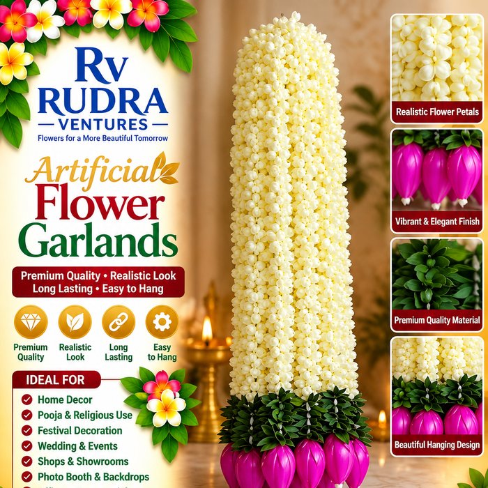 Rudra Ventures Pure White Jasmine Mogra Strings with Magenta Accents