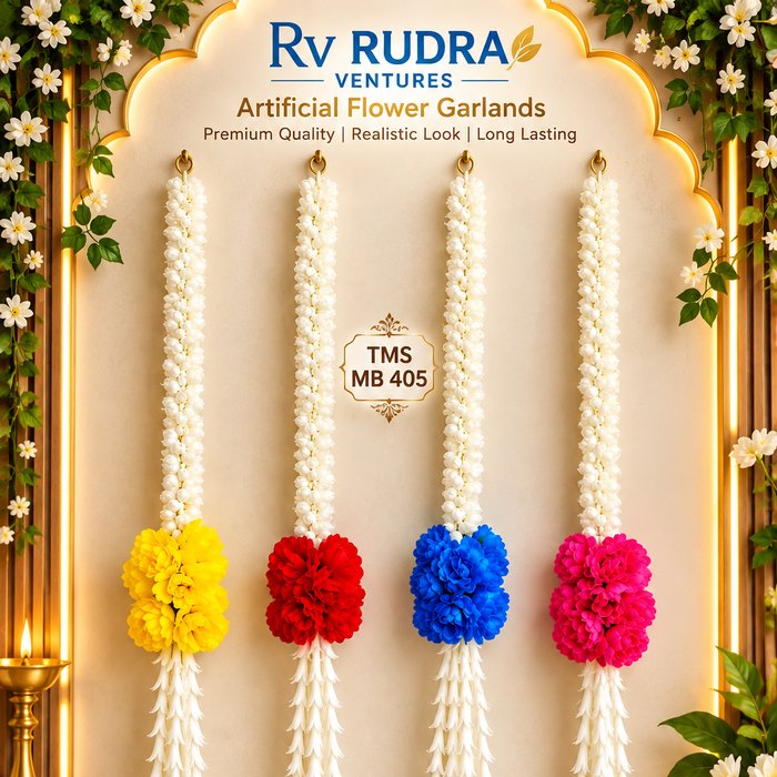 Rudra Ventures White Jasmine Garland with Multi-Color Pom-Poms (Model TMS MB 405)